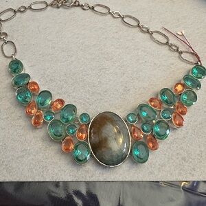 Elegant Silver Necklace with Green and Orange Gemstones